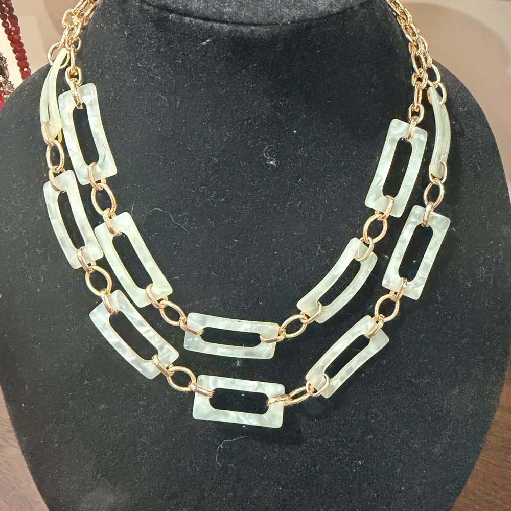 Gold Chain Necklace With Mint Rectangular Links -… - image 1